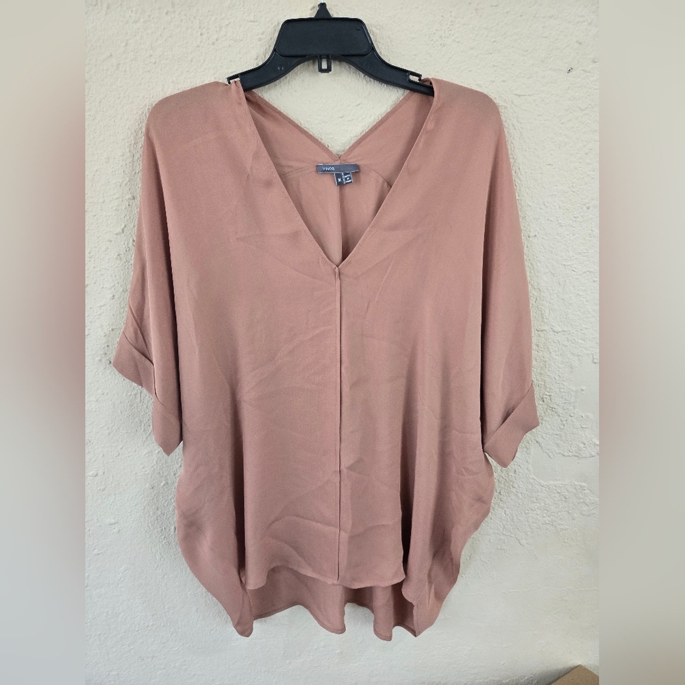 Vince Long Sleeve Silk Blouse, V Neckline, Pink, Size Medium